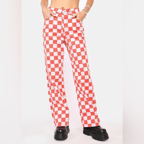 Ragged Priest Checkered Denim Jeans Red/Purple - Picture 2 of 5
